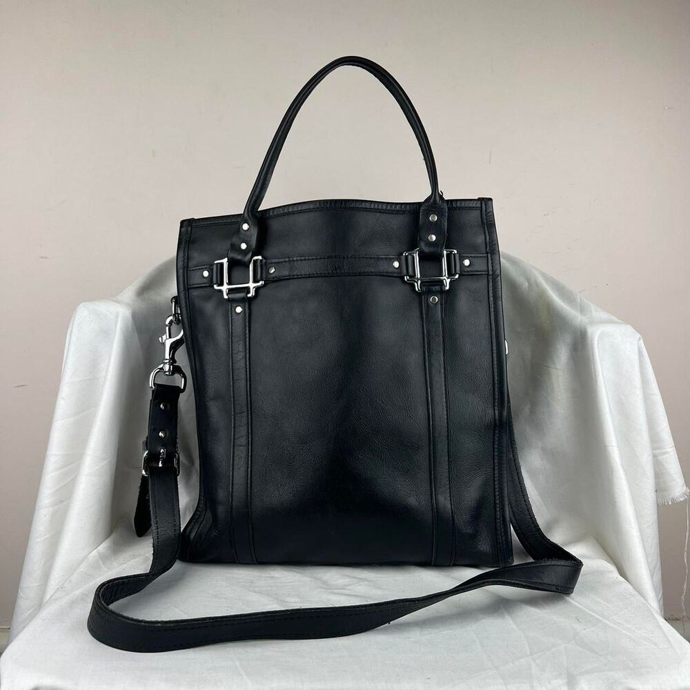 Derby Black Leather Crossbody Tote Bag With Silver Hardware And Adjustable Strap